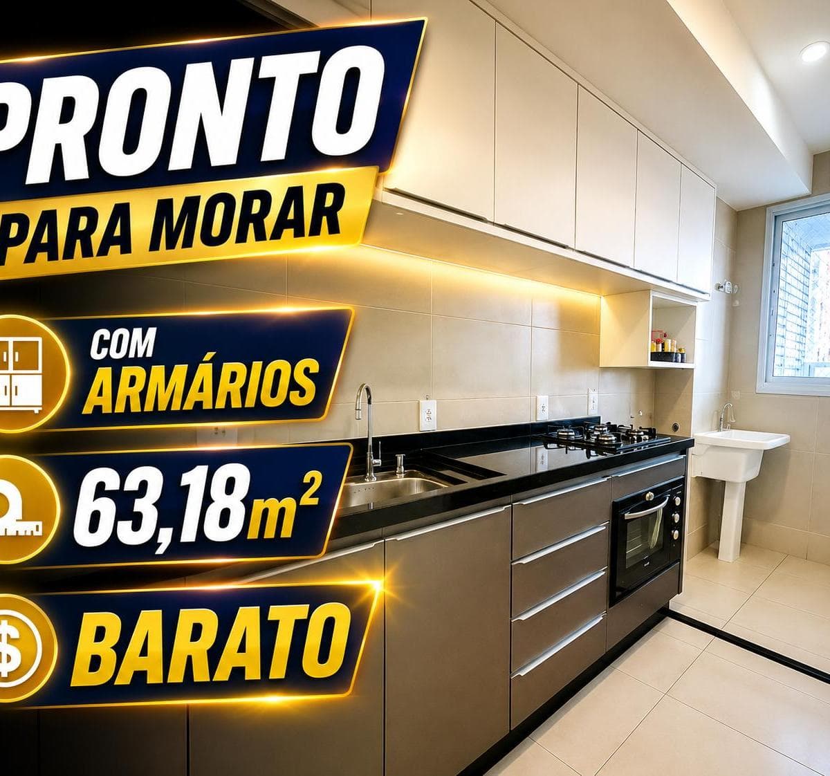 Cozinha planejada com armários superiores e inferiores, bancada em granito escuro com cooktop embutido.