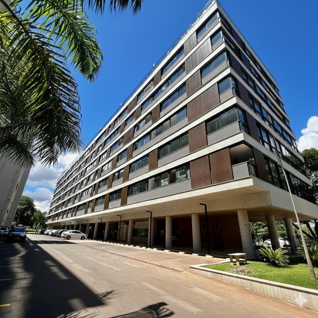 Fachada lateral do edifício com acabamento amadeirado, varandas e térreo com pilotis