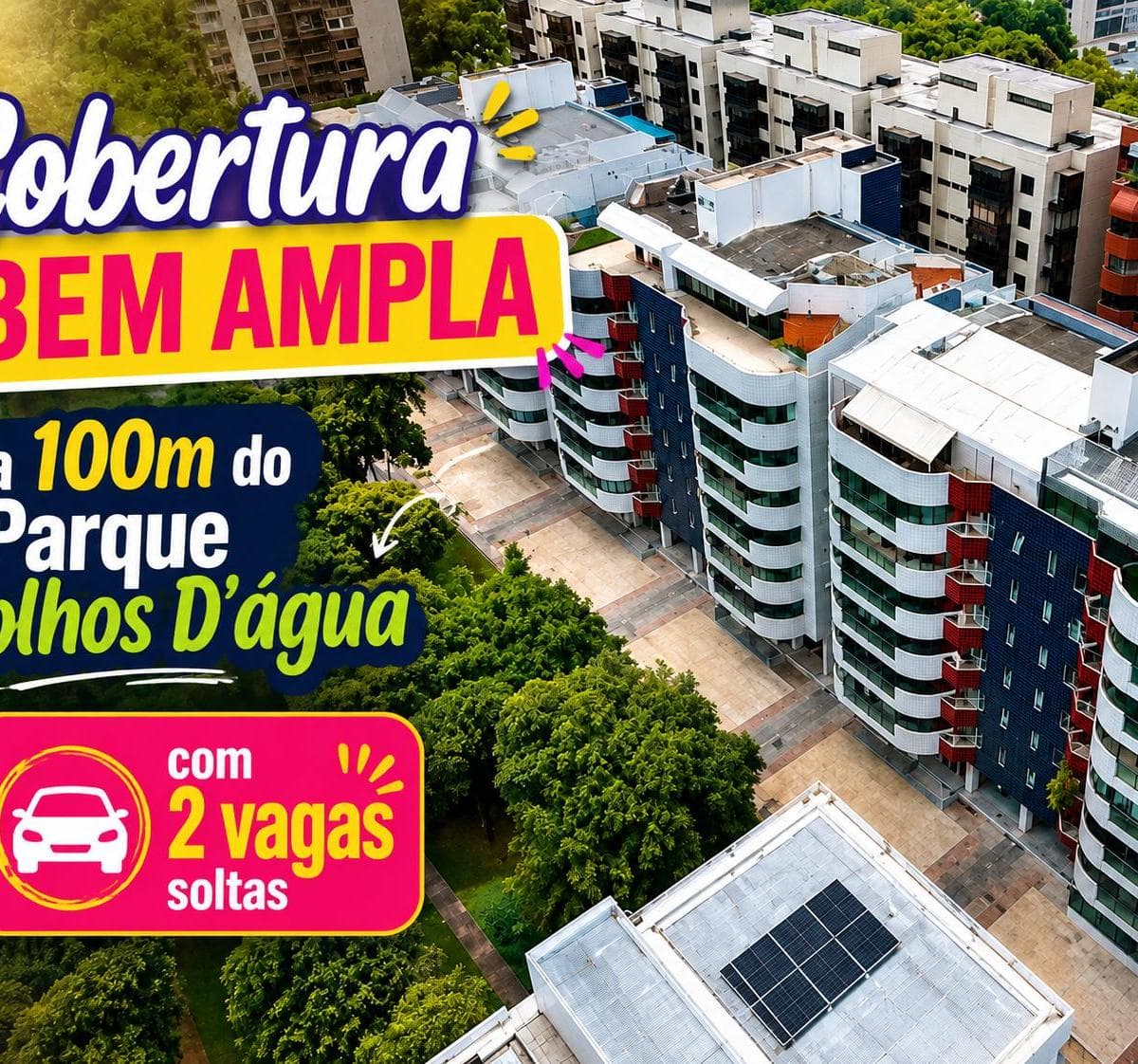 Vista aérea da fachada e entorno do condomínio com área arborizada.