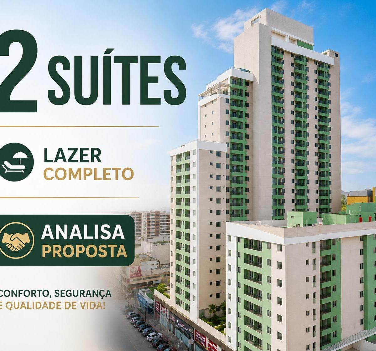 Fachada do edifício alto com detalhes em verde e propaganda de vendas na lateral