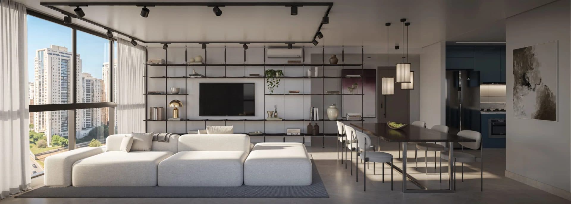 Sala de estar e jantar integrada com sofá em L, mesa de jantar e estante preta.