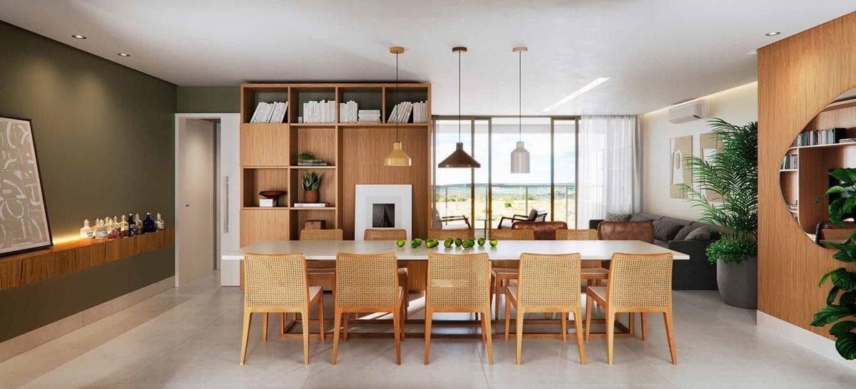 Sala de estar e jantar integrada com mesa longa e estante em madeira