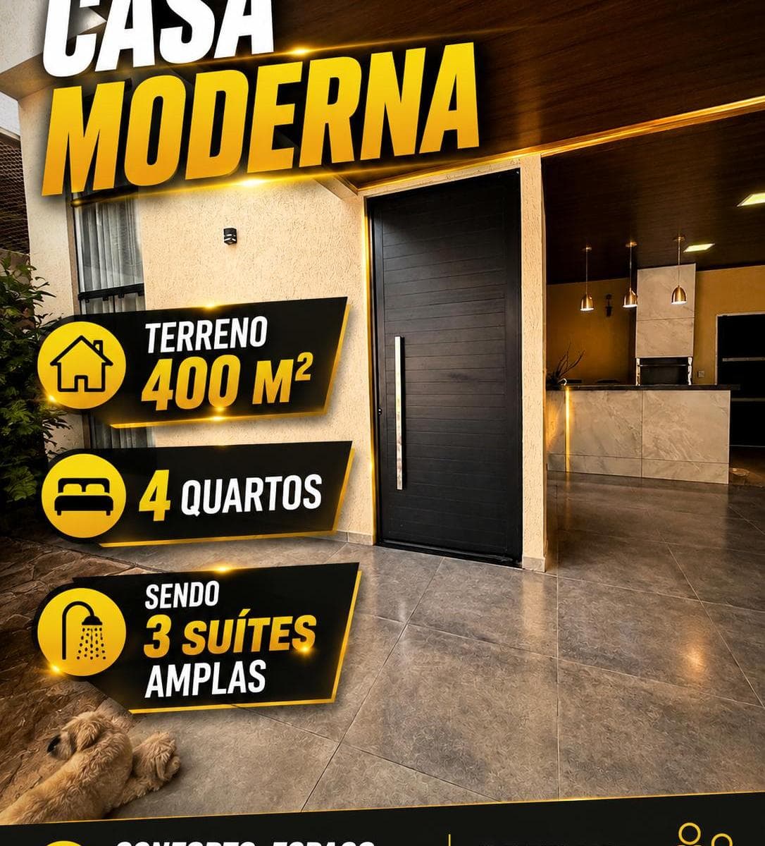 Fachada moderna com porta preta e texto promocional sobreposta na imagem