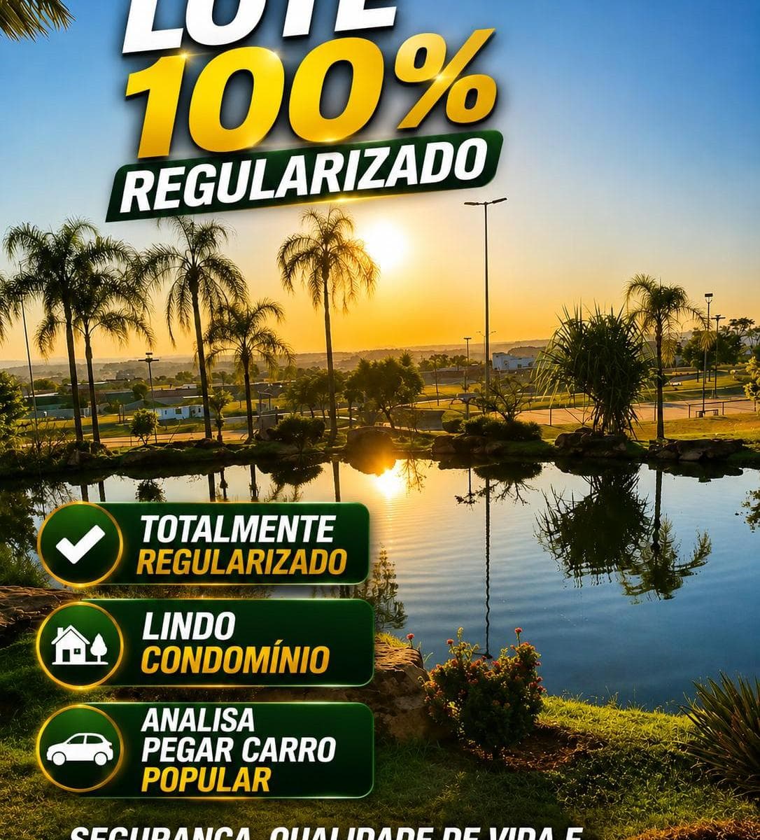 Anuncio promocional com foto de lago e por do sol em condominio fechado