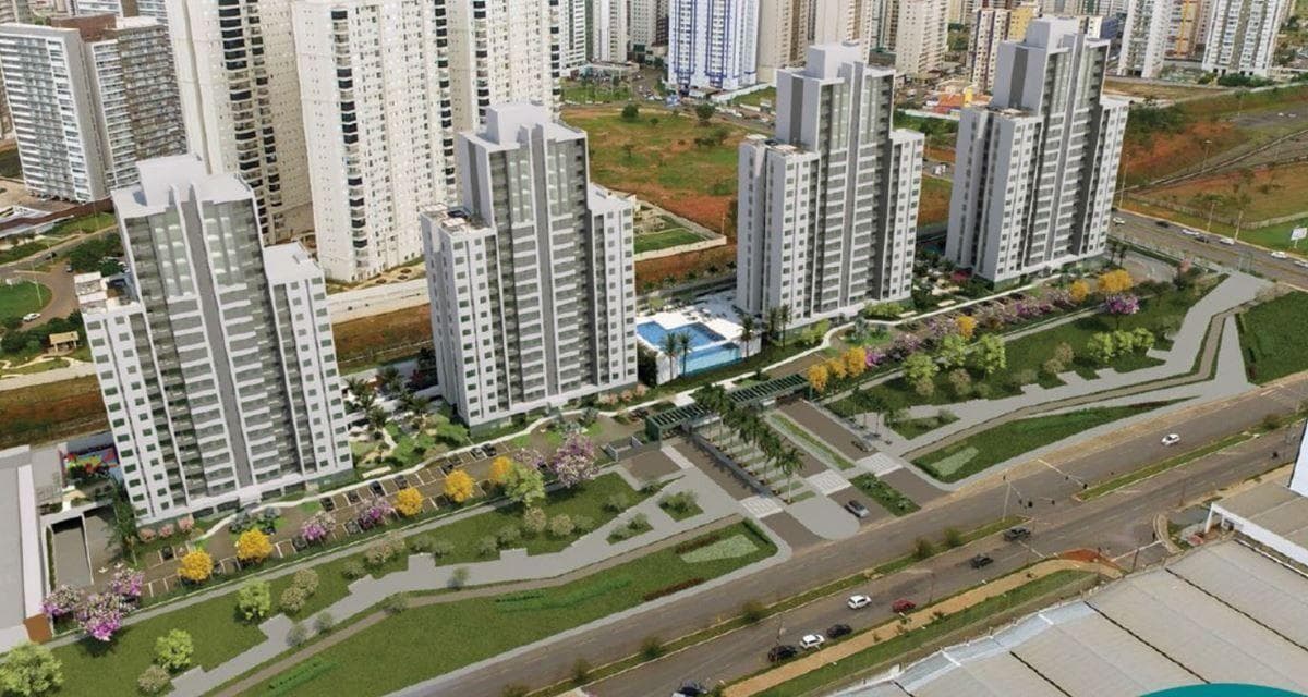 Maquete eletronica mostrando o complexo de torres residenciais e areas verdes